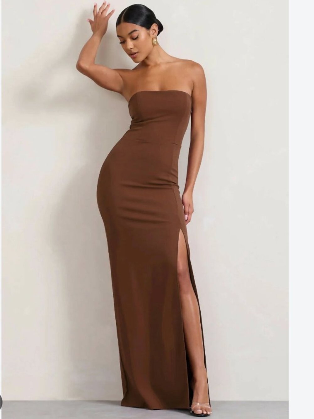 CLUB L London Belle of The Ball Brown Bandeau Maxi Split Strapless Dress  14